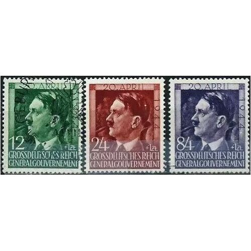 Pologne, Occupation Allemagne, Gouvernement General 1944, Belle Série Complète Timbres Yvert 128 129 130, 55ème Anniversaire Du Chancelier Hitler, Oblitérés, Tbe. -