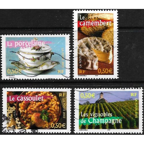 France 2003, Portraits De Régions, Beaux Timbres Yvert 3561 Vignobles De Champagne, 3562 Le Camembert, 3567 Le Cassoulet, 3568 La Porcelaine, Oblitérés, Tbe -