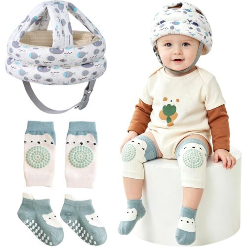 Casque Bebe Antichoc Protection, Casque Anti Choc Pour Bébé(Longueur Réglable),Avec Chaussettes Antidérapantes Et Genouillères,Protection Tête Bébé