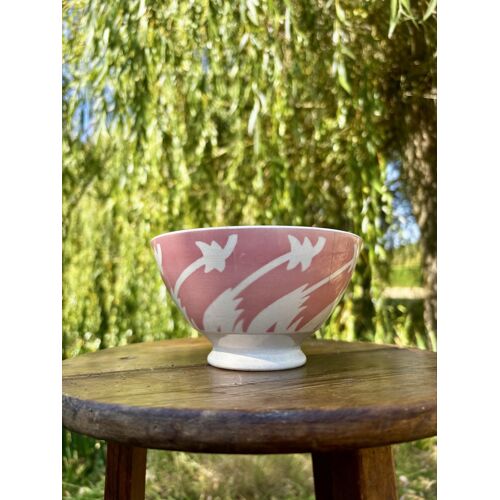 Ancien Bol Sur Pied En Faïence Décor Rose Avec Défauts