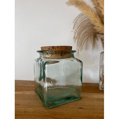 Vintage Grand Bocal Carré En Verre Épais Bouchon Liège