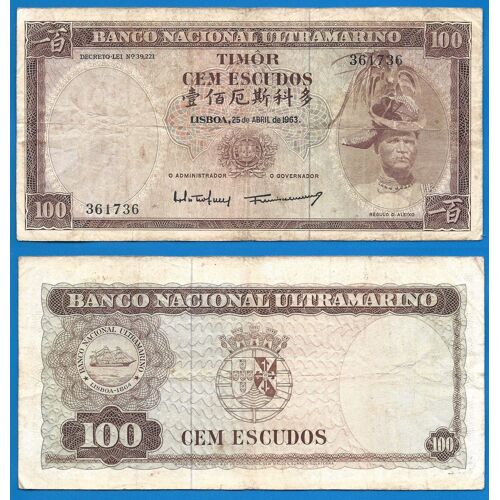 Timor 100 Escudos 1963 Billet Banco Nacional Ultramarino Occupation Portugal