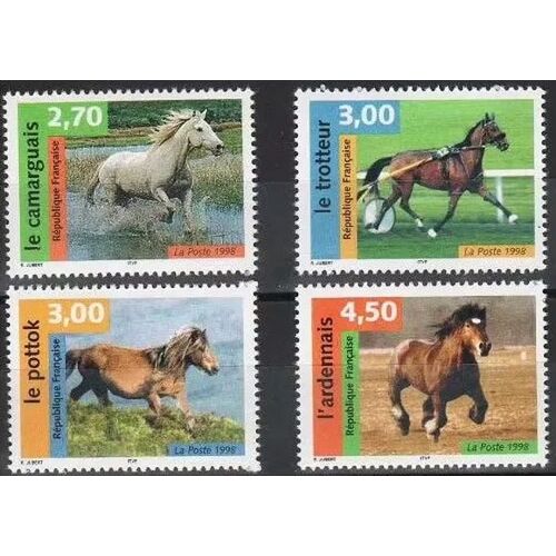 France 1998, Très Beaux Timbres Neufs** Luxe Série Nature De France, Chevaux, Yvert 3182 Camarguais, 3183 Trotteur, 3184 Pottock, 3185 Ardennais.