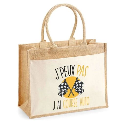 Cabas Jute avec poche Course Automobile Voiture J'peux pas | Cadeau Passionné Anniversaire Noël Sac de shopping grande pochette