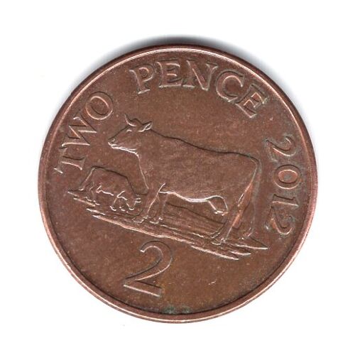 Piece De Monnaie Guernesey 2 Pence 2012 Acier Plaqué Cuivre Km 56 Poids 7.12 G Diamètre 25.91 Mm