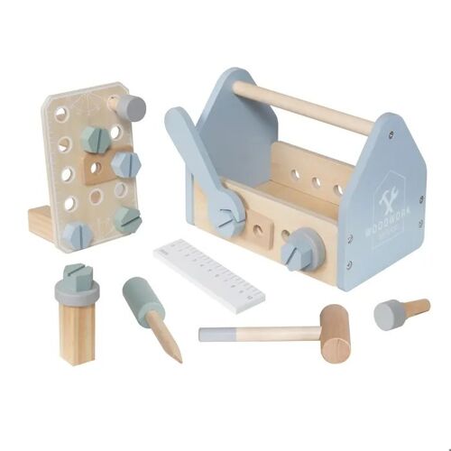 Coffret à Outils en Bois GINGER HOME, Mini Atelier Enfant 22 Pièces, Bleu, 22x13x14 cm