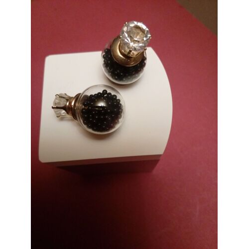 Boucles D'Oreilles Boule Verre - Billes Noires - Clou Strass Blanc
