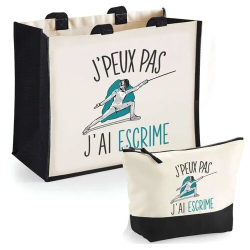 Duo cabas jute et trousse noire Escrime J'peux pas | Cadeau Anniversaire Noël Sac de courses Pochette Femme Homme Shopping
