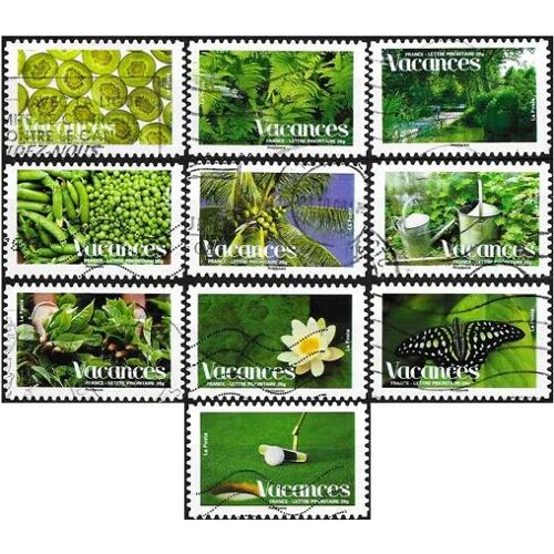 France 2008, Belle Série Complète 10 Timbres Yvert 165 À 174, Vacances, Fougères, Papillon, Golf, Fleurs De Lotus, De Thé, Cocotiers, Arrosoirs, Kiwis, Jardin D'ombres, Petits Pois, Oblitérés, Tbe.