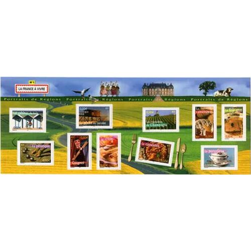 France 2003, Très Beau Bloc Feuillet Neuf** Luxe Timbres Yvert 3559 À 3568 La France À Vivre, Portraits De Régions, Cabines De Bain, Pétanque, Pêche Au Carrelet, Guignol, Les Crêpes, Vignobles...
