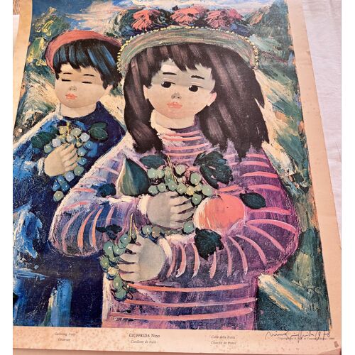 Reproduction Giuffrida Nino Cueillette De Fruits Signée 1978 50 Par 60 Cm