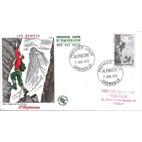 France 1956, Belle Enveloppe 1er Jour, Timbre Yvert 1075, Alpinisme, Belle Illustration Couleur Relief De Pierre Gandon, Cachet De Grenoble.