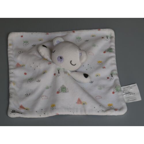 Doudou ours plat Siplec Leclerc blanc Bisous maisons arbres nuages