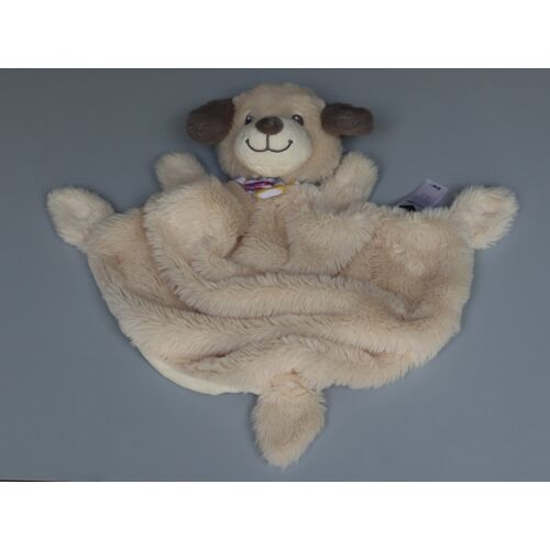 Doudou chien plat Tex Baby beige fourrure gris écharpe rayée grelot