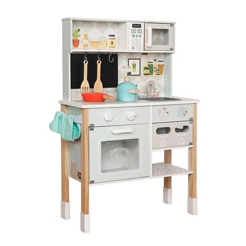 Cuisine en Bois GINGER HOME avec Plaque Électronique, Micro-ondes, Four, Évier et Accessoires, 60x26,5x91 cm