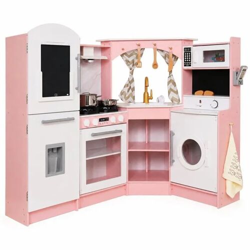 Grande Cuisine d¿Angle en Bois GINGER HOME, Eau Courante, Son et Lumière, Frigo, Micro-ondes, Lave-linge, 134x80x99 cm