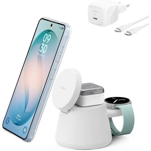 Belkin Station de Charge 3-en-1 Ultracharge USB-C, Chargeur Magnétique Qi2.2 25W pour Samsung Galaxy S26, Apple & Galaxy Watch,¿.