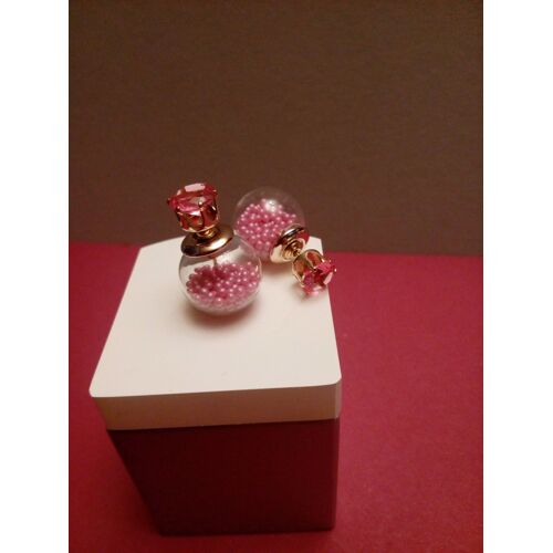 Boucles D'Oreilles Boules En Verre - Billes Rose Strass Rose