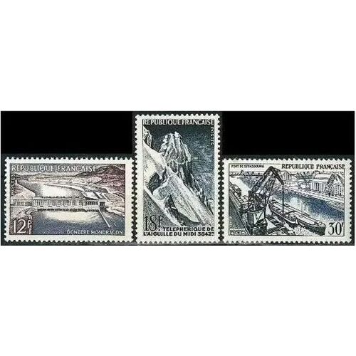 France 1956 - Réalisations Techniques, Très Beaux Timbres Neufs** Luxe Yvert 1078 Barrage De Donzère Mondragon, 1079, Téléphérique De L'aiguille Du Midi, 1080, Port De Strasbourg Sur Le Rhin.