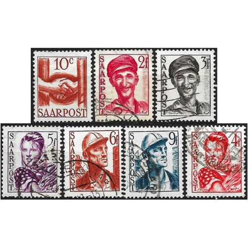 Allemagne, Land De Sarre Sous Adm. Française 1948, Beaux Timbres Oblitérés Yvert 231 234 235 236 237 238 239, Poignée De Main, Ouvrier, Mineur Ou Paysanne.