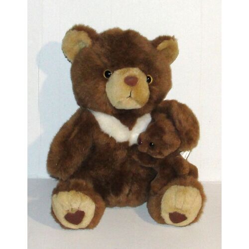 peluche ours marron coeur blanc + bébé ourson vintage comexo