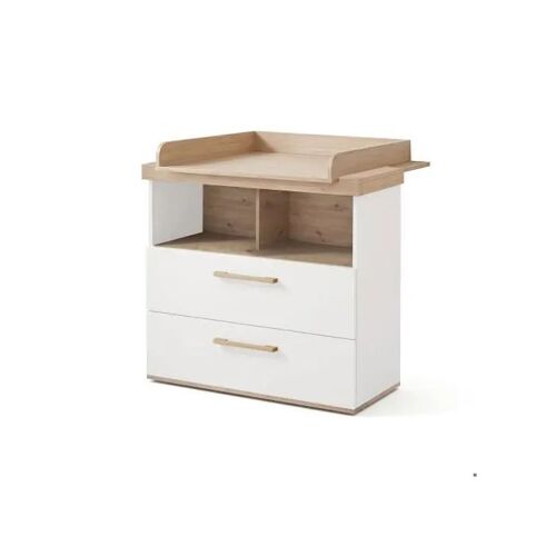 Commode À Langer 'jimmy' Avec Tiroir / Compartiment Ouvert ¿ Poignées En Bois Massif ¿ Blanc / Chêne