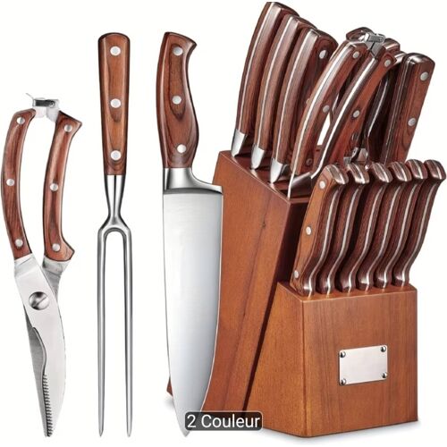 16 pièces d'accessoires de cuisine, ensemble de cuisine, articles de cuisine, avec manche en bois, ensemble en acier inoxydable avec bloc en bois, appareils et accessoires de cuisine professionnels