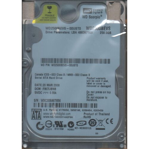 Disque dur interne haut de 2,5 pouces SATA en 250Go de Western digital.