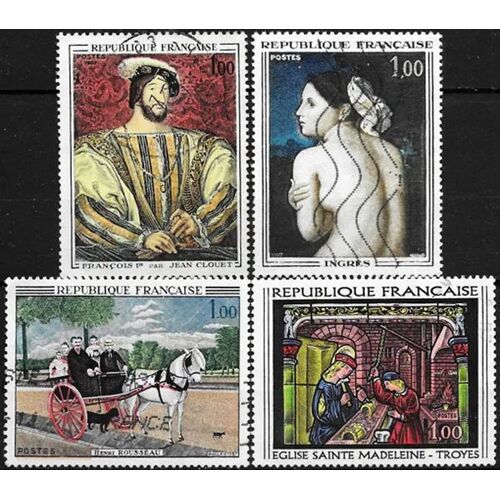 France 1967, Belle Série Oeuvres D'art, Timbres Yvert 1517 Le Douanier Rousseau, 1518 Jean Clouet, "François 1er", 1530 Ingres "La Baigneuse" Et 1531 Vitrail De Sainte Madeleine De Troyes, Obli. Tbe.