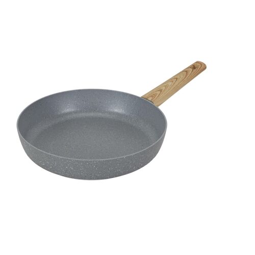 Poêle Design Alu Forgé Long Duré Vie Ustensile Fiable Manche Effet Bois Ø 28cm Conductivité Thermic Élégant Marron Gris Chauffe Rapide Uniform Bon Prise Main Cuisine Robust Cook Concept Agréable