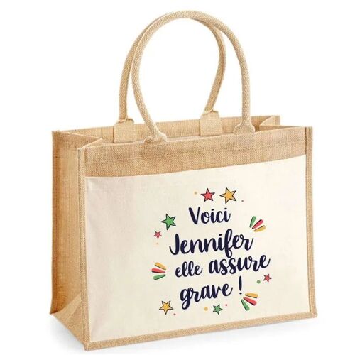 Cabas jute avec poche Jennifer elle assure grave ! | Sac de shopping et courses réutilisable Cadeau Fête des Mères Anniversaire
