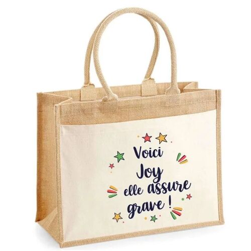 Cabas jute avec poche Joy elle assure grave ! | Sac de shopping et courses réutilisable Cadeau Fête des Mères Anniversaire Soeur