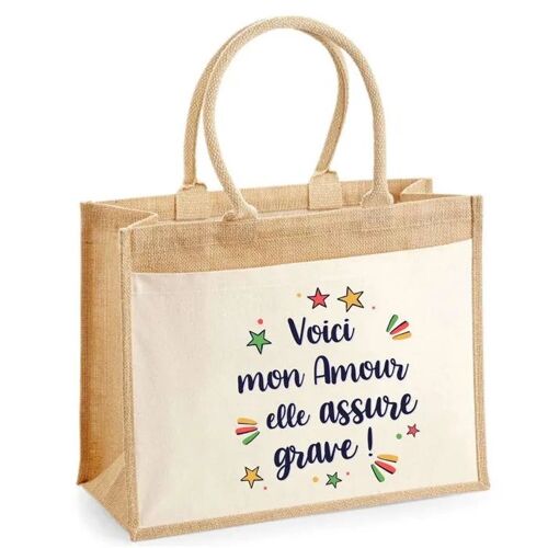 Cabas jute avec poche Amour elle assure grave ! | Sac de shopping et courses réutilisable Cadeau Fête des Mères Anniversaire Soeur