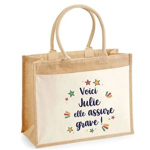 Cabas jute avec poche Julie elle assure grave ! | Sac de shopping et courses réutilisable Cadeau Fête des Mères Anniversaire Soeur