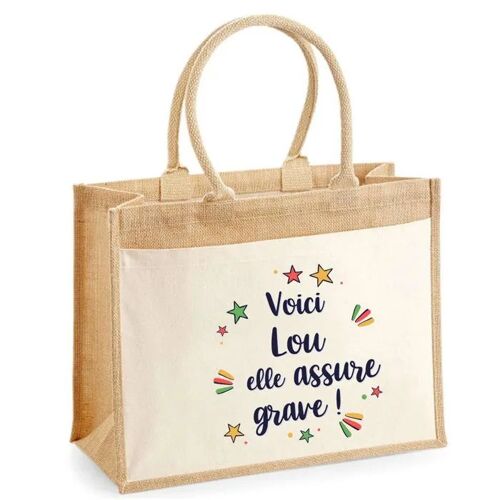 Cabas jute avec poche Lou elle assure grave ! | Sac de shopping et courses réutilisable Cadeau Fête des Mères Anniversaire Soeur
