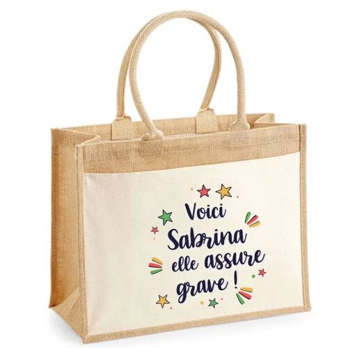 Cabas jute avec poche Sabrina elle assure grave ! | Sac de shopping et courses réutilisable Cadeau Fête des Mères Anniversaire