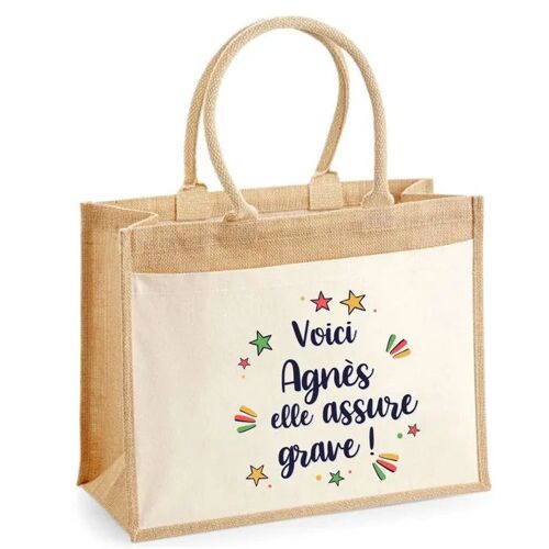 Cabas jute avec poche Agnès elle assure grave ! | Sac de shopping et courses réutilisable Cadeau Fête des Mères Anniversaire Soeur