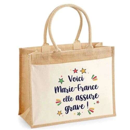 Cabas jute avec poche Marie-France elle assure grave ! | Sac de shopping et courses réutilisable Cadeau Fête des Mères Anniversaire