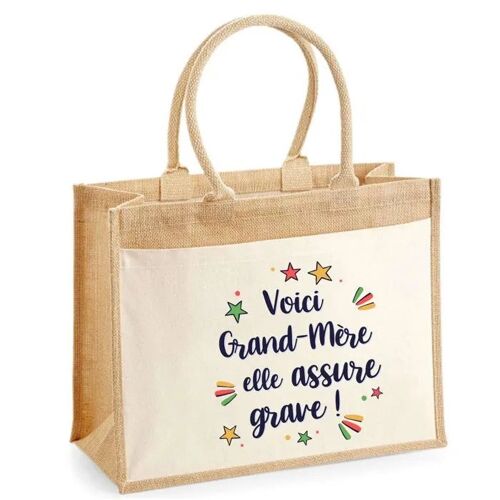 Cabas jute avec poche Grand-Mère elle assure grave ! | Sac de shopping et courses réutilisable Cadeau Fête des Mères Anniversaire
