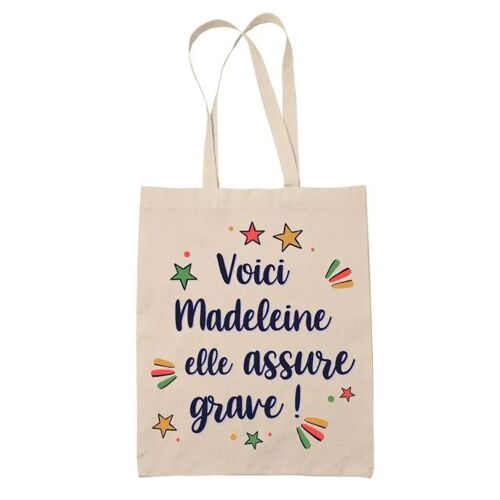 Tote Bag Madeleine elle assure grave ! | Cadeau Fête des Mères Anniversaire Soeur Noël Tata Marraine Sac Cabas réutilisable