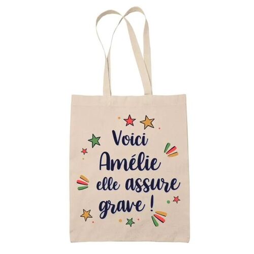 Tote Bag Amélie elle assure grave ! | Cadeau Fête des Mères Anniversaire Soeur Noël Tata Marraine Sac Cabas réutilisable