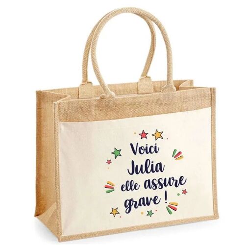 Cabas jute avec poche Julia elle assure grave ! | Sac de shopping et courses réutilisable Cadeau Fête des Mères Anniversaire Soeur