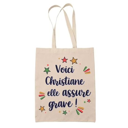 Tote Bag Christiane elle assure grave ! | Cadeau Fête des Mères Anniversaire Soeur Noël Tata Marraine Sac Cabas réutilisable