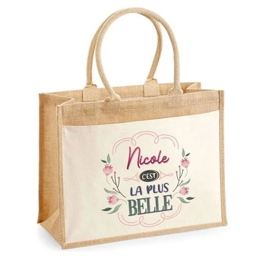 Cabas jute avec poche Nicole la plus belle | Sac de shopping et courses réutilisable Cadeau Fête des Mères Anniversaire Soeur Noël