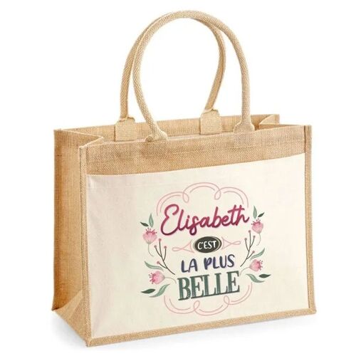 Cabas jute avec poche Elisabeth la plus belle | Sac de shopping et courses réutilisable Cadeau Fête des Mères Anniversaire Soeur