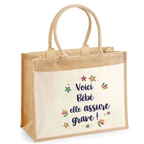 Cabas jute avec poche Bébé elle assure grave ! | Sac de shopping et courses réutilisable Cadeau Fête des Mères Anniversaire Soeur
