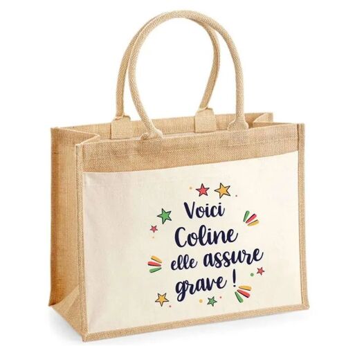 Cabas jute avec poche Coline elle assure grave ! | Sac de shopping et courses réutilisable Cadeau Fête des Mères Anniversaire Soeur