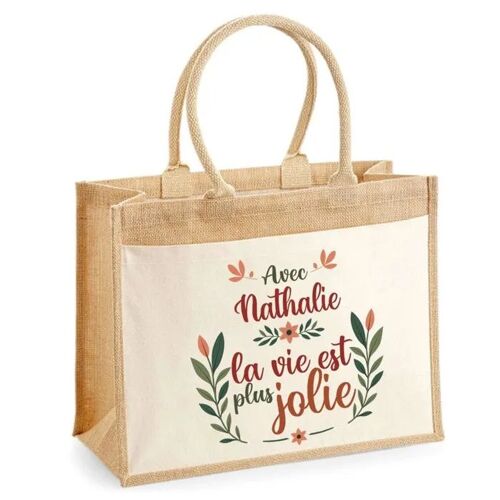 Planetee Cabas jute avec poche Nathalie la vie est plus jolie - Sac de shopping et courses réutilisable Cadeau Fête des Mères