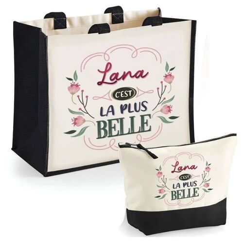 Duo trousse et cabas jute noir Lana la plus belle | Sac de courses et Pochette Maquillage Cadeau Femme Shopping Anniversaire Noël