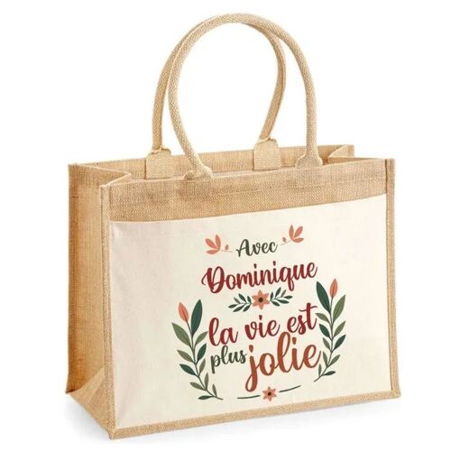 Planetee Cabas jute avec poche Dominique la vie est plus jolie - Sac de shopping et courses réutilisable Cadeau Fête des Mères